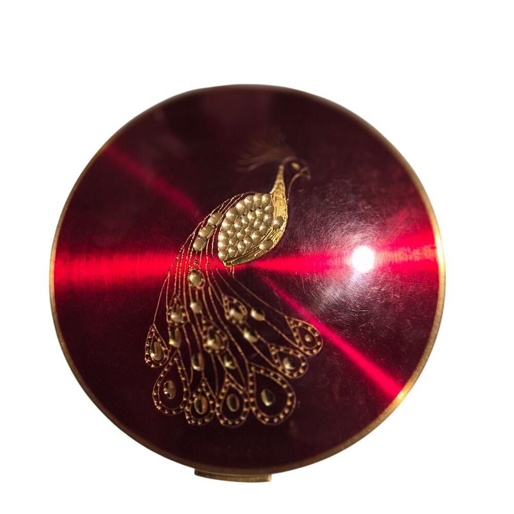 Vintage Stratton England Peacock Makeup Compact Red Lucite Hand Engraved